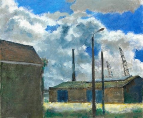 le Havre, hangar dans une friche industrielle, huile sur toile de Bosselin peintre verrier à Fécamp, Normandie, pays de caux, côte d' Albatre